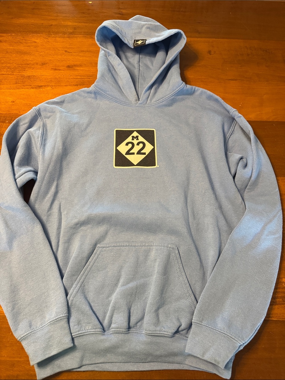 Youth Light Blue Hooded Sweatshirt with M22 Chest Graphic
